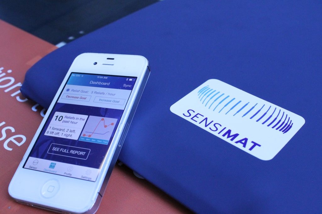 Sensimat Systems’ wheelchair pressure monitoring system alerts the user/caregiver when pressure relief has not been detected and stores historical pressure relief information.