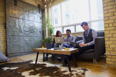 Sensibill employees Preetinder Kaur, Arindam Bhadra and Jan-Lukas Wolf at the company’s Toronto office.