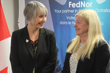 Thunder Bay-Superior North MP Patty Hajdu (left) talks with Northern Ontario Angels executive director Mary Long-Irwin at a media conference announcing FedNor funding on Thursday