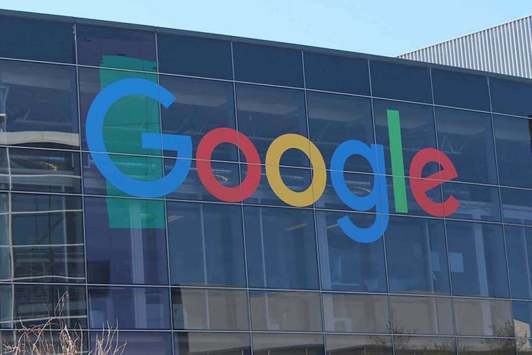 Google logo on building.
