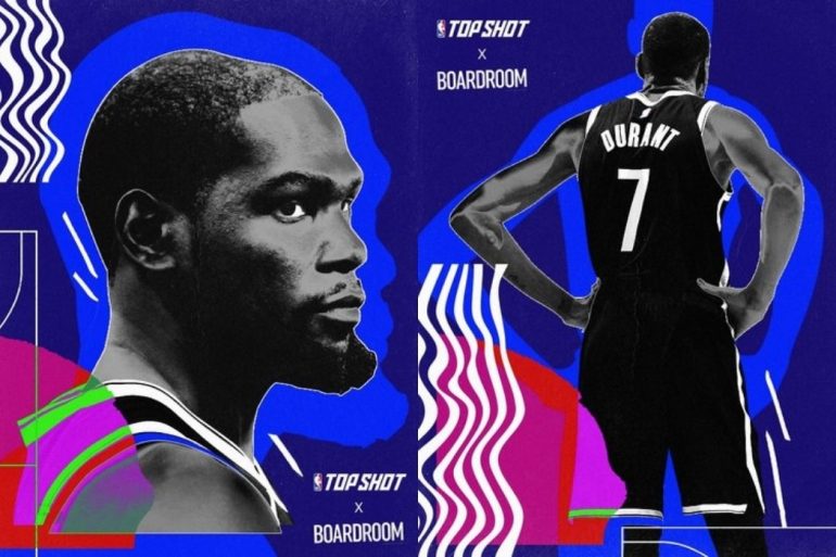 Two NBA Top Shot cards of Kevin Durant with a dark blue background