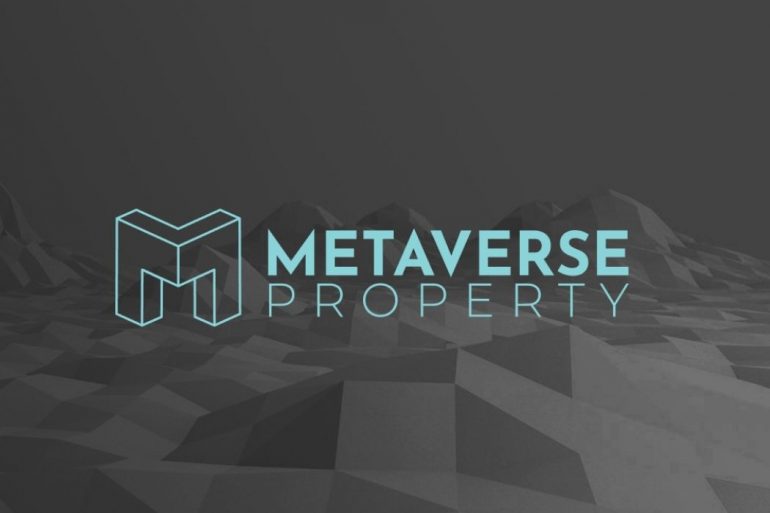 Metaverse logo in light blue text against dark grey background featuring mountain landscapes in geometric forms.