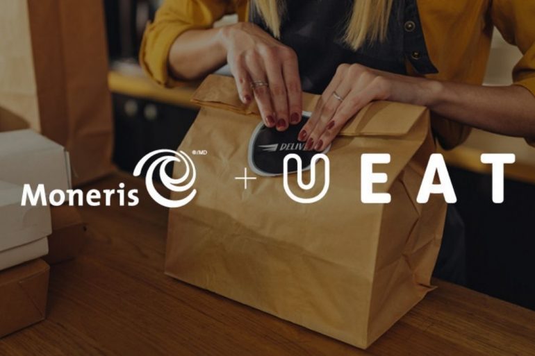 Someone folding the top part of a paper bag The entire photo has white text on top that says Moneris plus UEAT