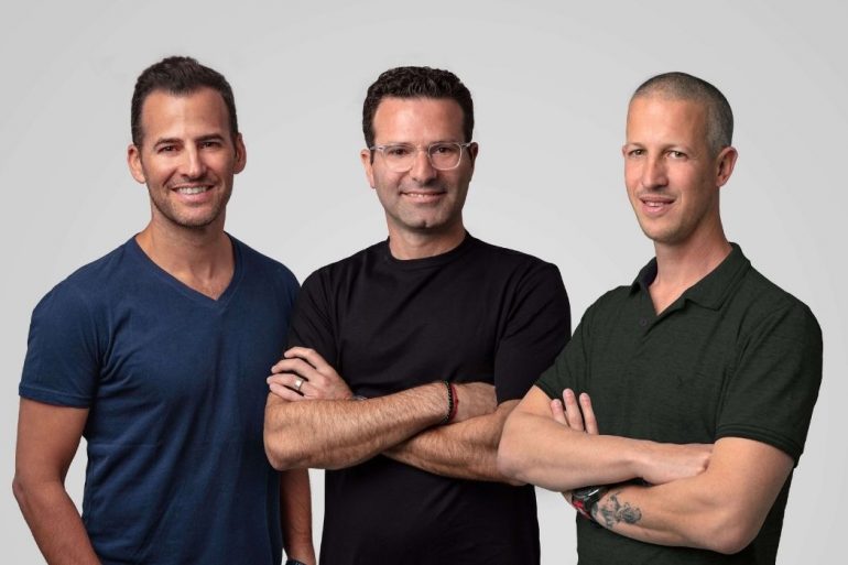 Bizzabo founders Boaz Katz, Alon Alroy, and Eran Ben-Shushan standing together against a plain white background.