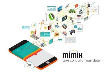 Illustration of a phone with tech icons emerging from its screen. The Mimik logo is at the bottom right with the text "take control of your data" below it.