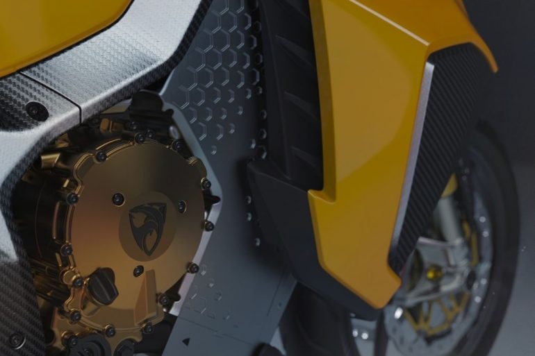 Close-up shot of the Hyperfighter motorcycle from Damon Motors