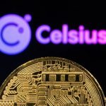 Celcius logo faded in the background behind a gold coin.