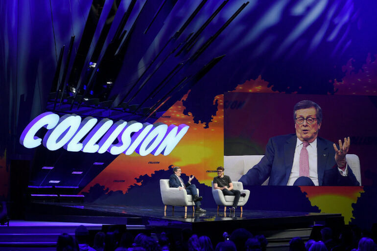 Former Toronto Mayor John Tory and Web Summit CEO Paddy Cosgrave speaking at the first Collision in Toronto in 2019