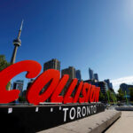 A Collision sign ahead of the start of Collision 2022 in Toronto.