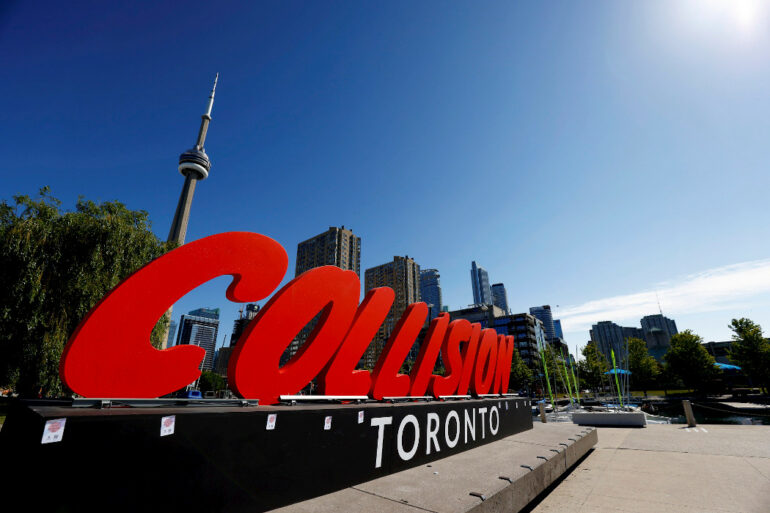A Collision sign ahead of the start of Collision 2022 in Toronto.