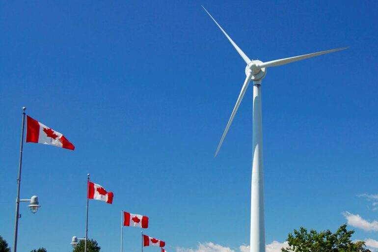 Canada flags and wind turbine