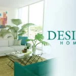 image of the logo and background for the game design home. it includes the words design home and a digital rendering of a very fashionable living room decorated in white and turquoise with florals
