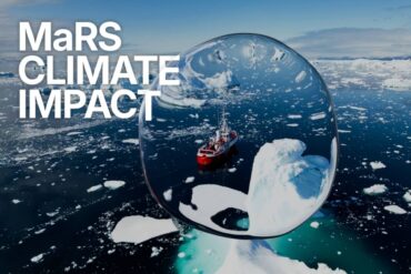 An image of a boat in an Arctic body of water, with the word MaRS Climate Impact written on it.