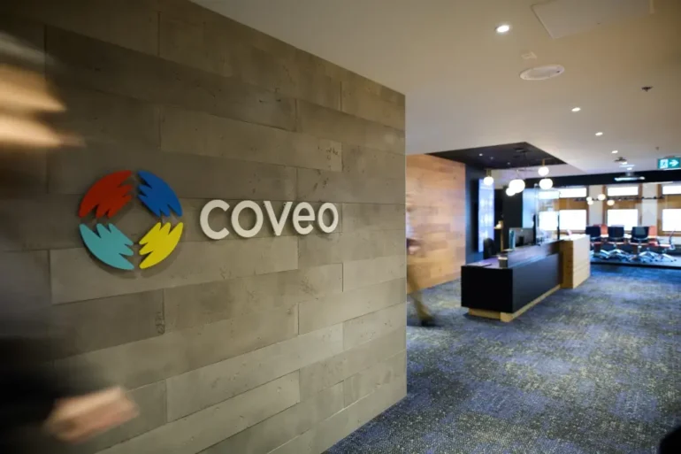 A shot of the Coveo office with the company's logo featured prominently.